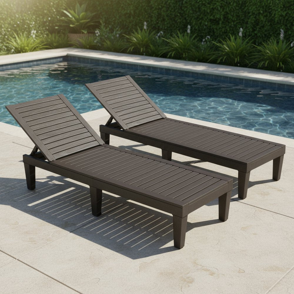 Set of Two Black Heavy Duty Resin Outdoor Chaise Lounges