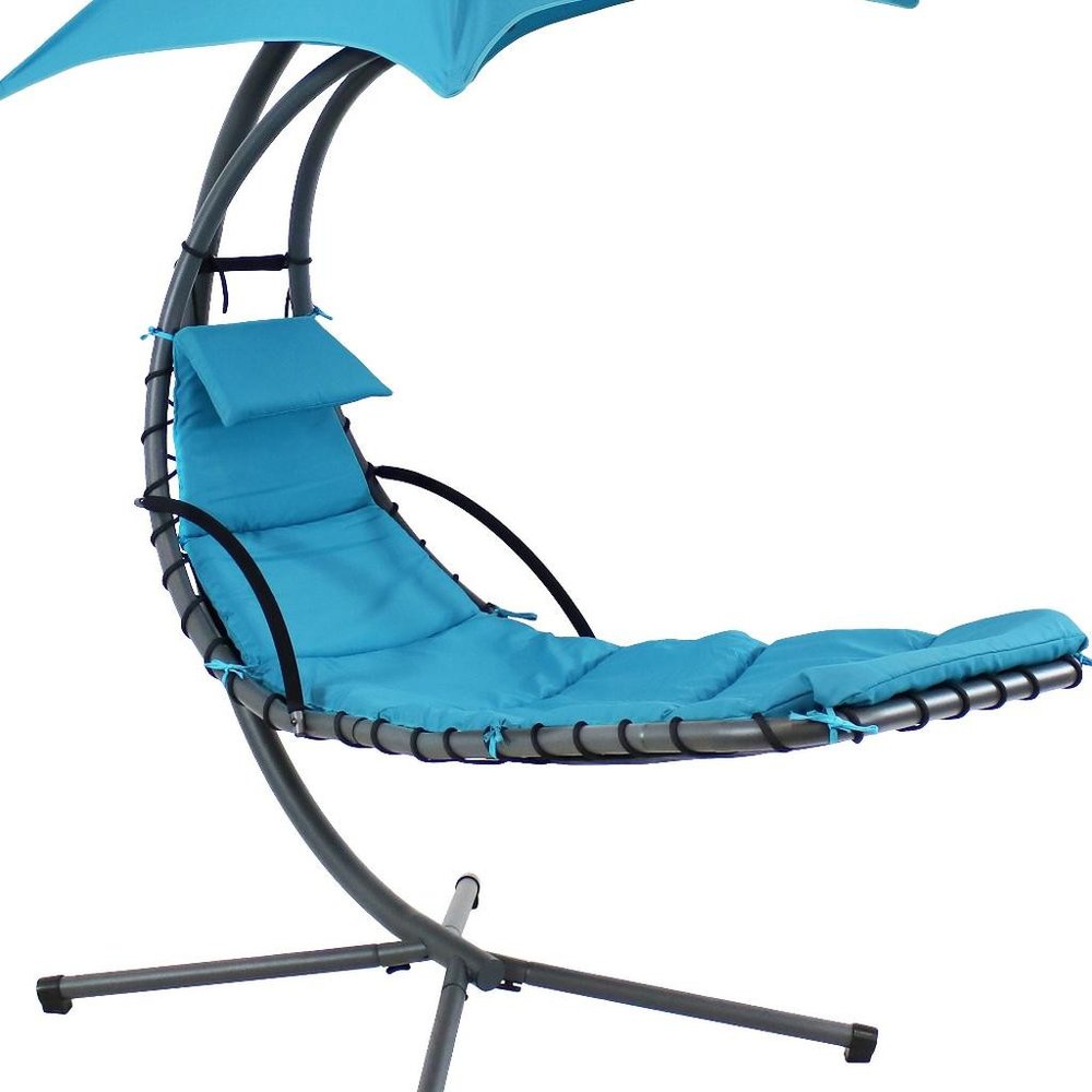 Silver Steel Outdoor Floating Chaise Lounge with Teal Blue Cushion and Canopy