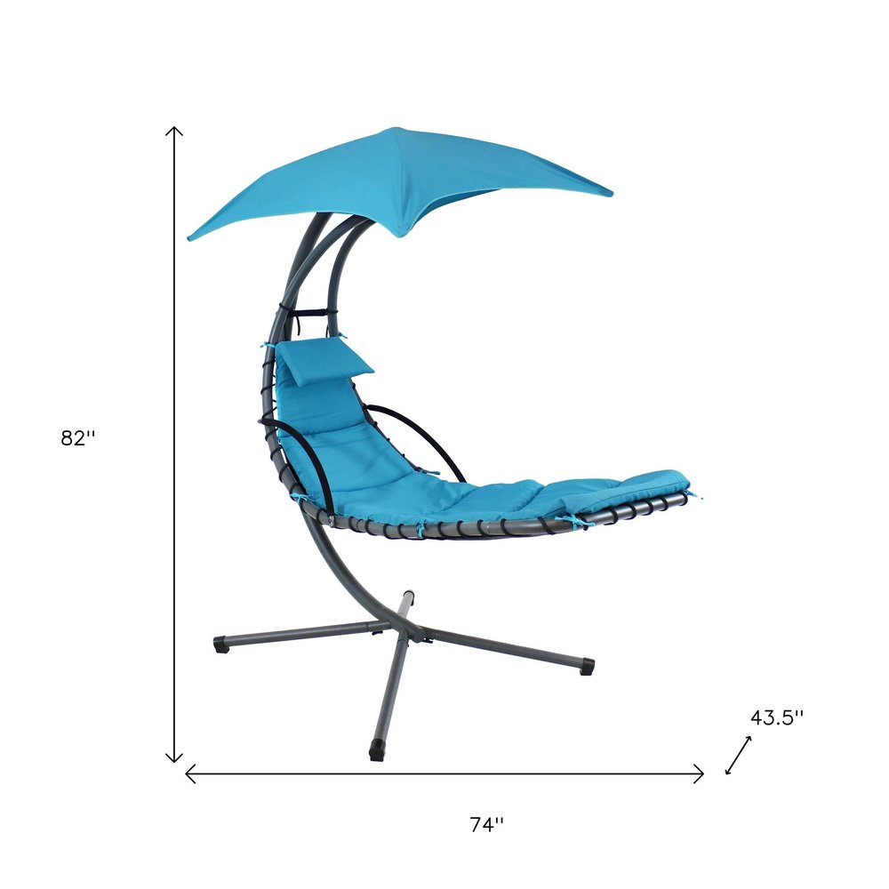 Silver Steel Outdoor Floating Chaise Lounge with Teal Blue Cushion and Canopy