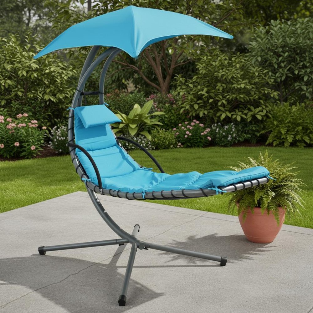 Silver Steel Outdoor Floating Chaise Lounge with Teal Blue Cushion and Canopy
