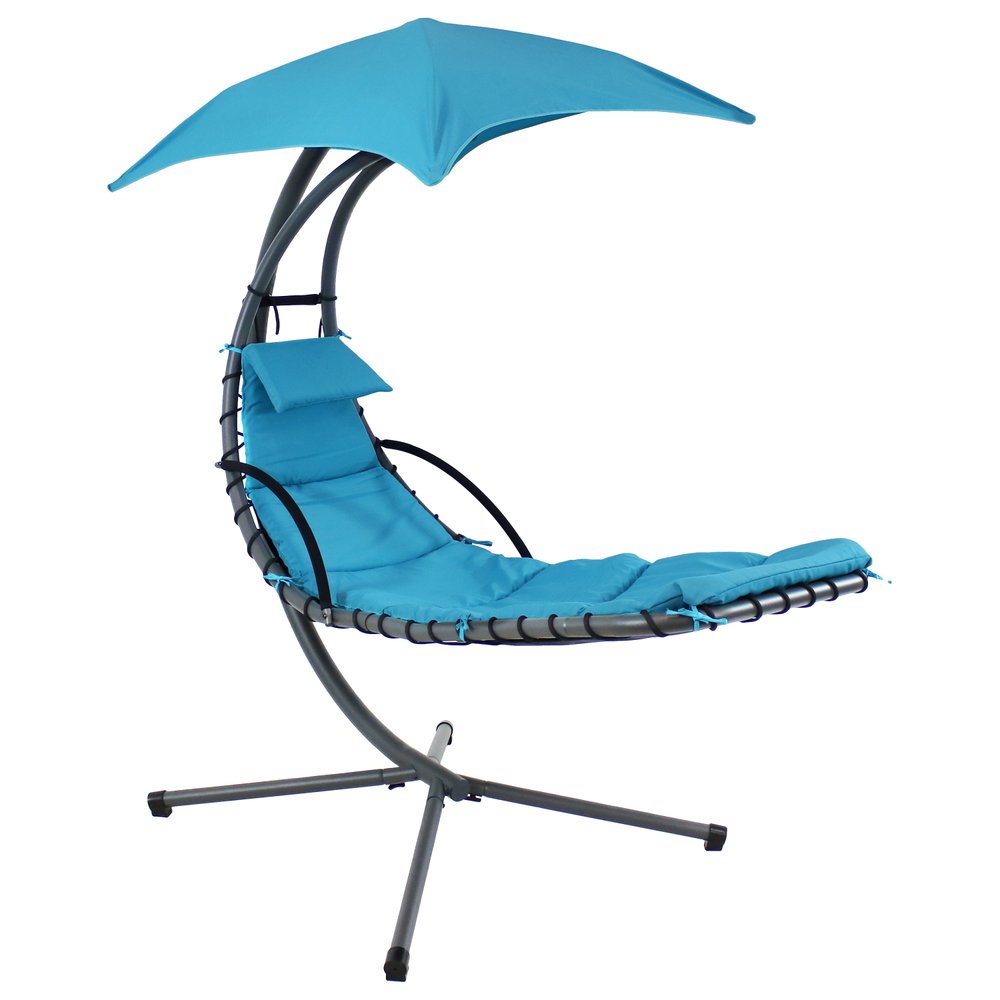 Silver Steel Outdoor Floating Chaise Lounge with Teal Blue Cushion and Canopy