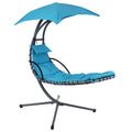 Silver Steel Outdoor Floating Chaise Lounge with Teal Blue Cushion and Canopy
