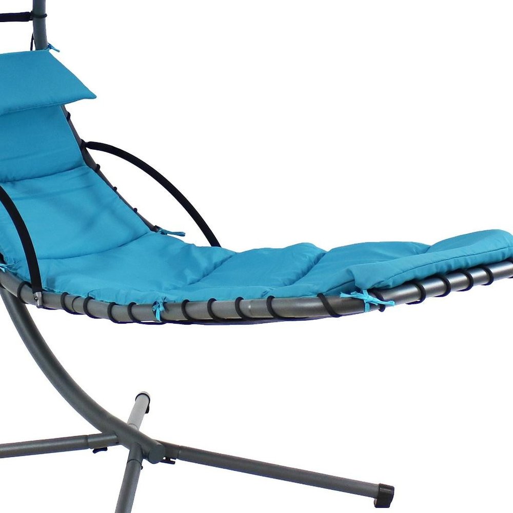 Silver Steel Outdoor Floating Chaise Lounge with Teal Blue Cushion and Canopy