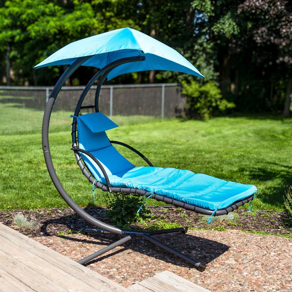 Silver Steel Outdoor Floating Chaise Lounge with Teal Blue Cushion and Canopy