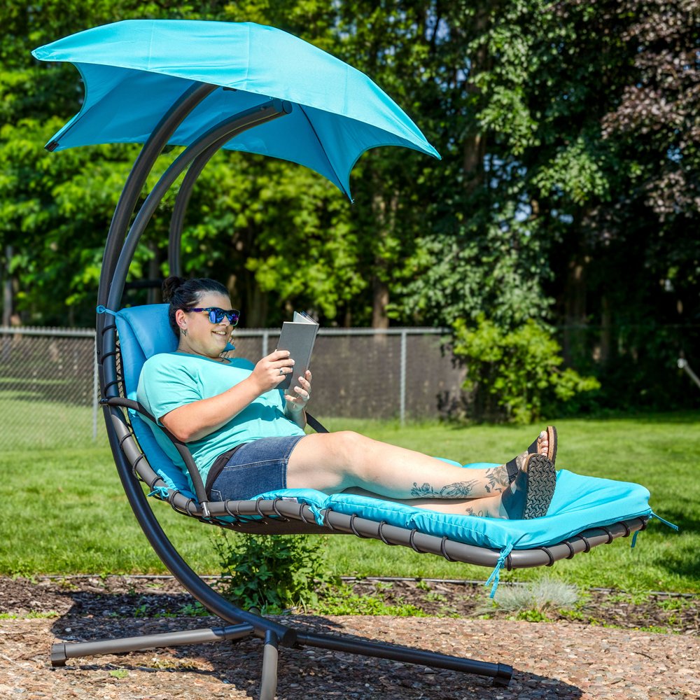 Silver Steel Outdoor Floating Chaise Lounge with Teal Blue Cushion and Canopy