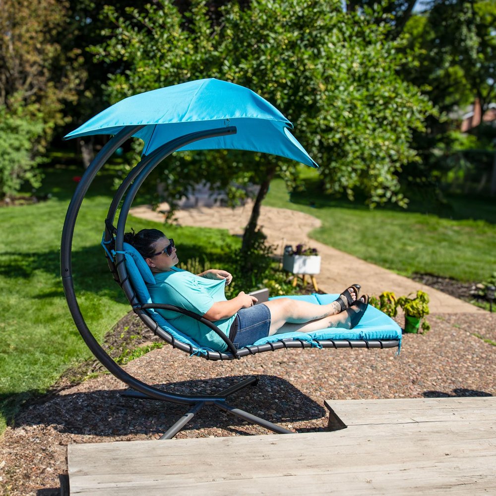 Silver Steel Outdoor Floating Chaise Lounge with Teal Blue Cushion and Canopy