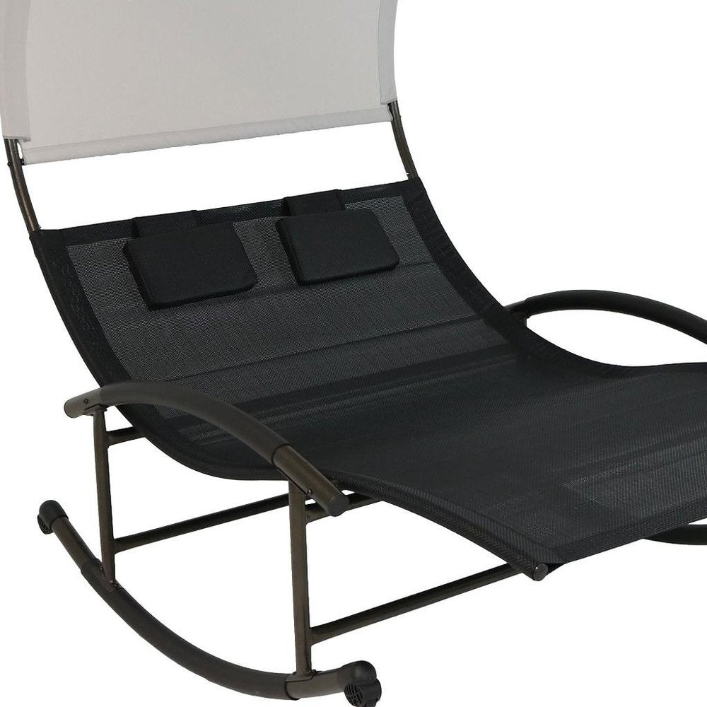 Black Steel Sling Outdoor Rocking Chaise Lounge with Canopy - 70-inch
