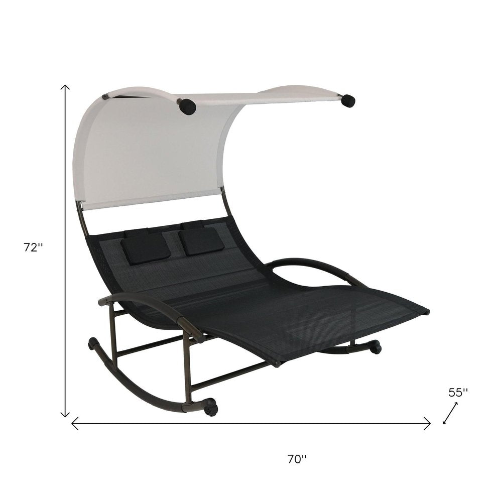Black Steel Sling Outdoor Rocking Chaise Lounge with Canopy - 70-inch