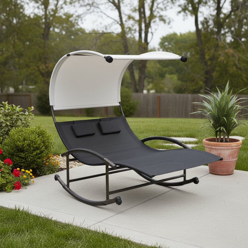 Black Steel Sling Outdoor Rocking Chaise Lounge with Canopy - 70-inch