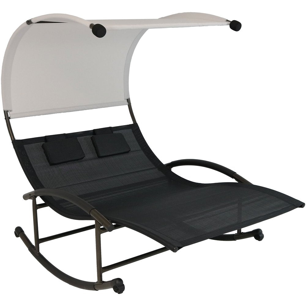 Black Steel Sling Outdoor Rocking Chaise Lounge with Canopy - 70-inch