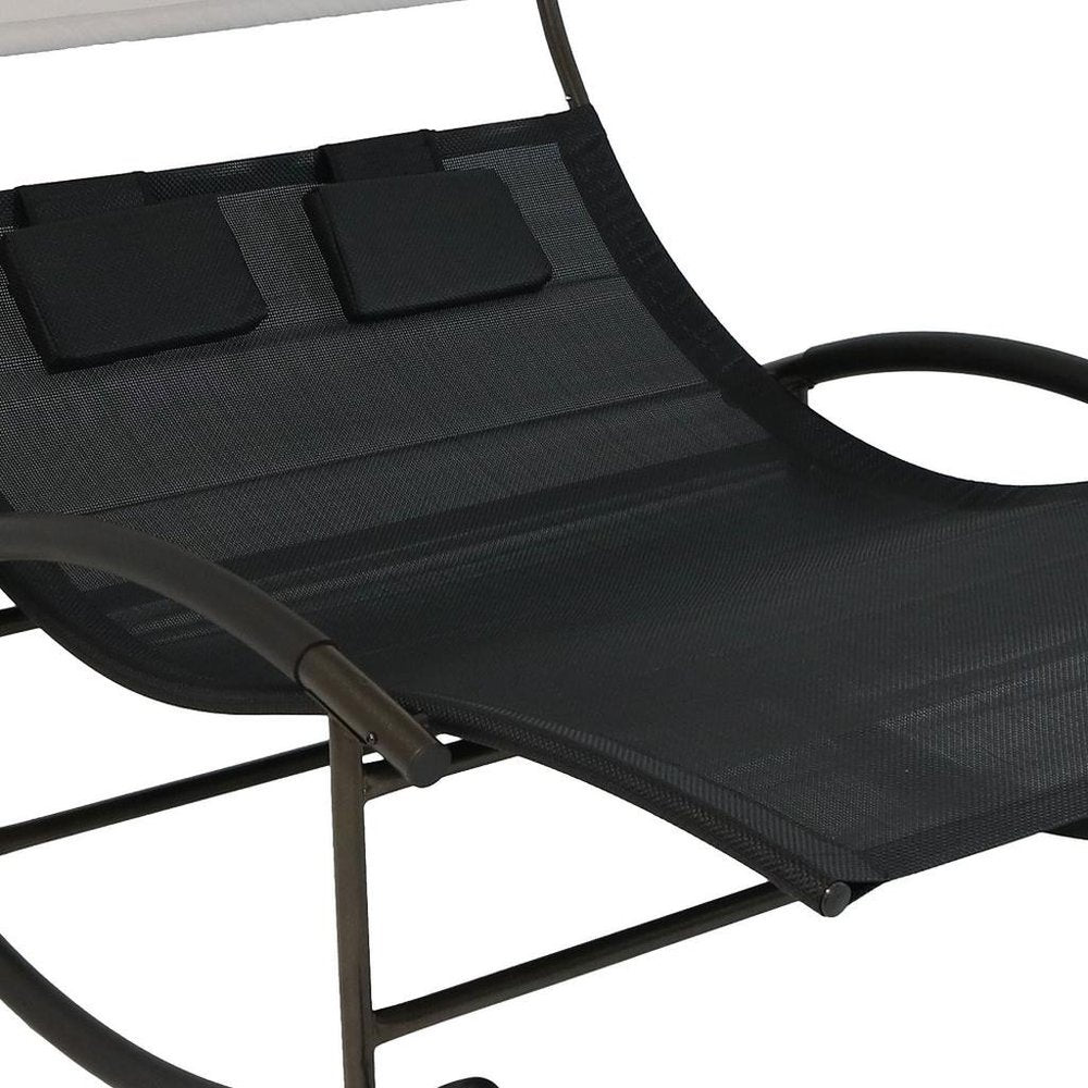 Black Steel Sling Outdoor Rocking Chaise Lounge with Canopy - 70-inch