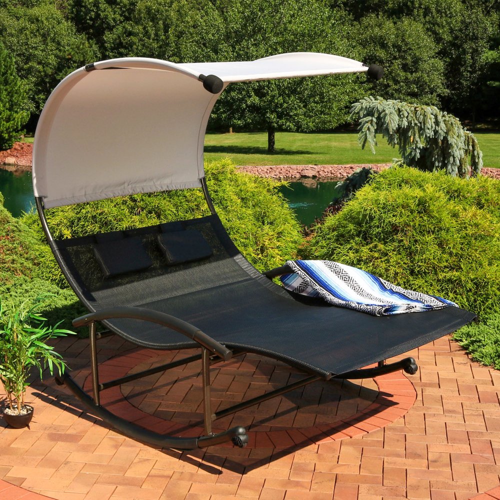 Black Steel Sling Outdoor Rocking Chaise Lounge with Canopy - 70-inch