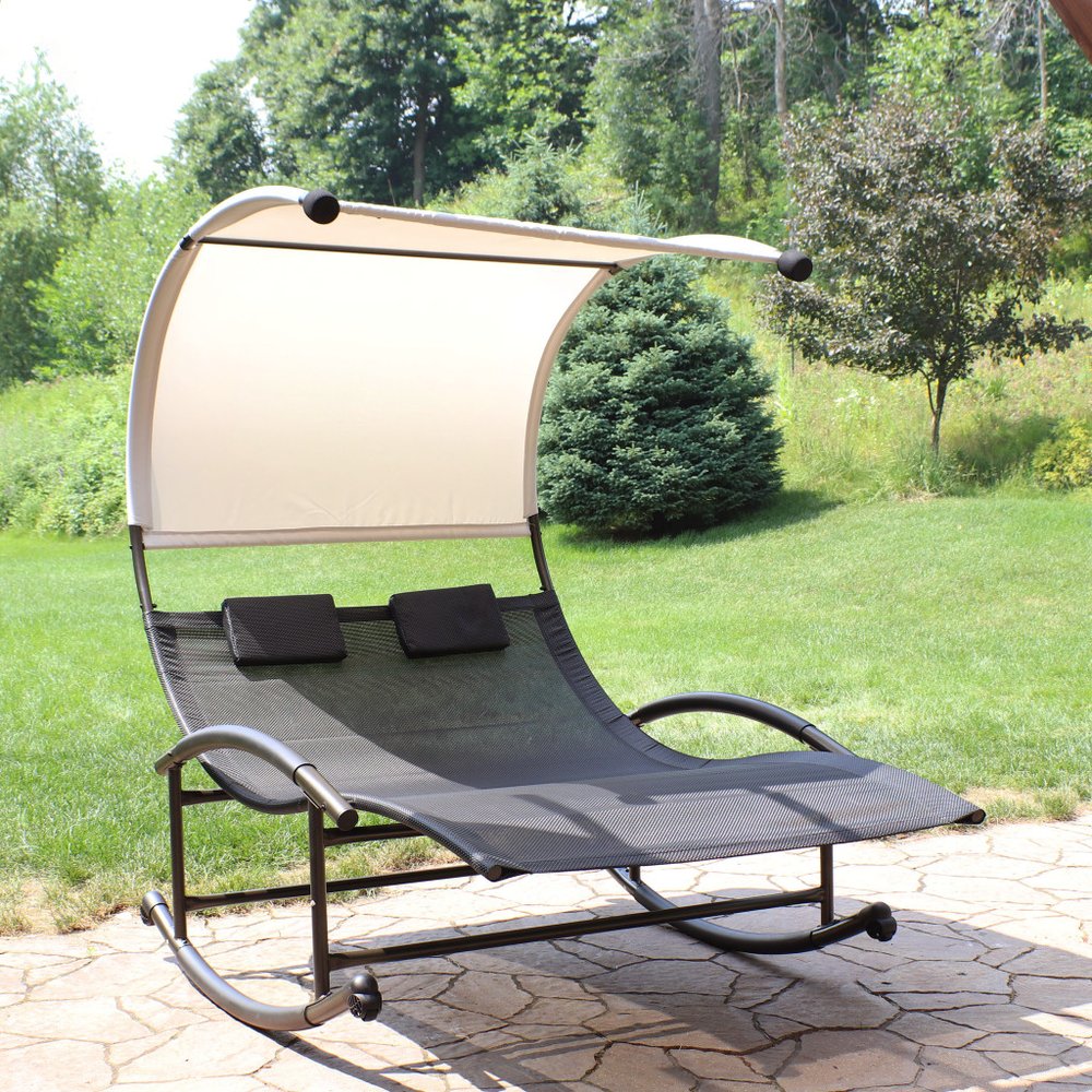 Black Steel Sling Outdoor Rocking Chaise Lounge with Canopy - 70-inch