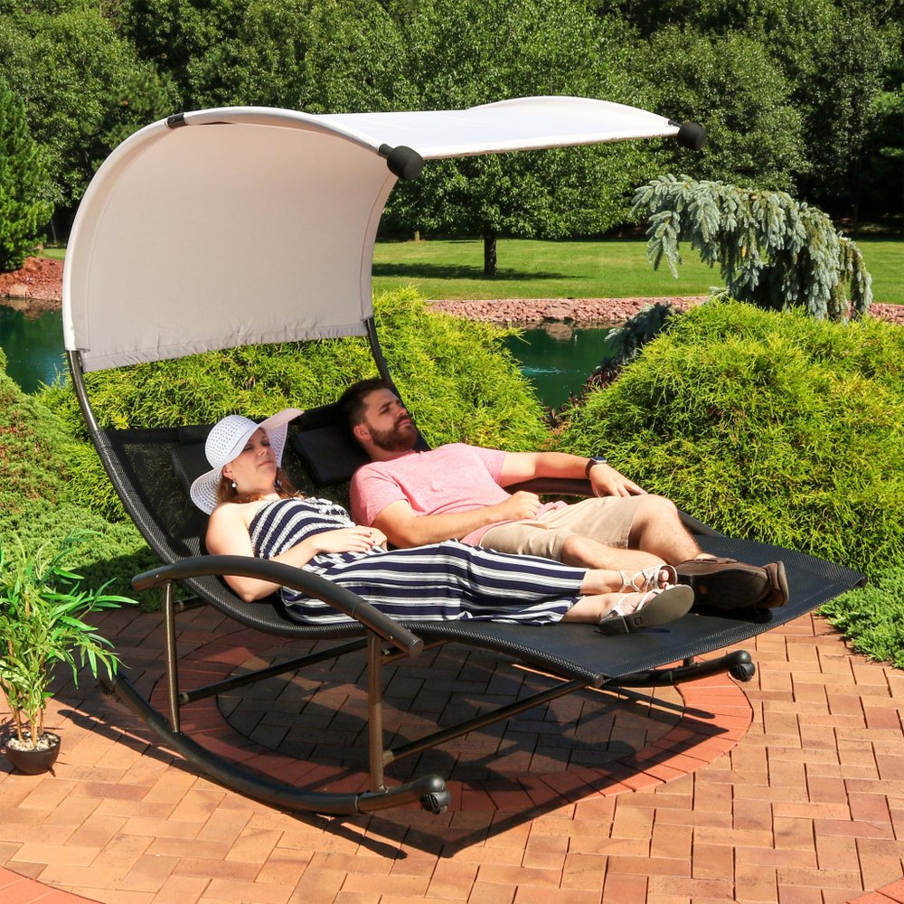 Black Steel Sling Outdoor Rocking Chaise Lounge with Canopy - 70-inch