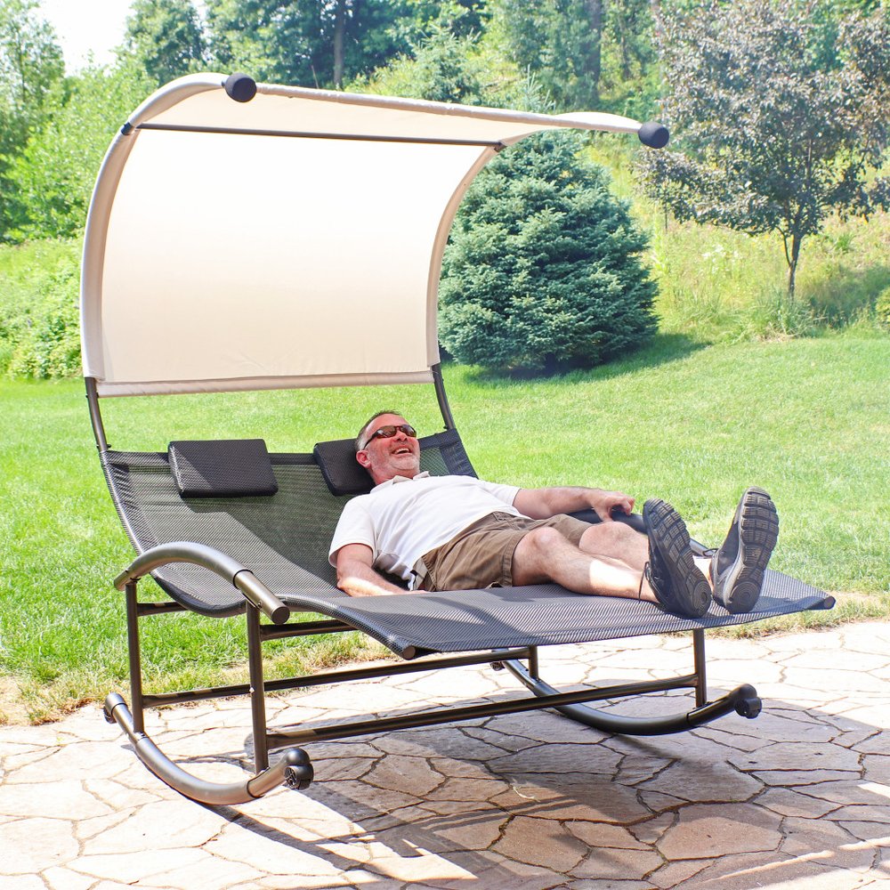 Black Steel Sling Outdoor Rocking Chaise Lounge with Canopy - 70-inch