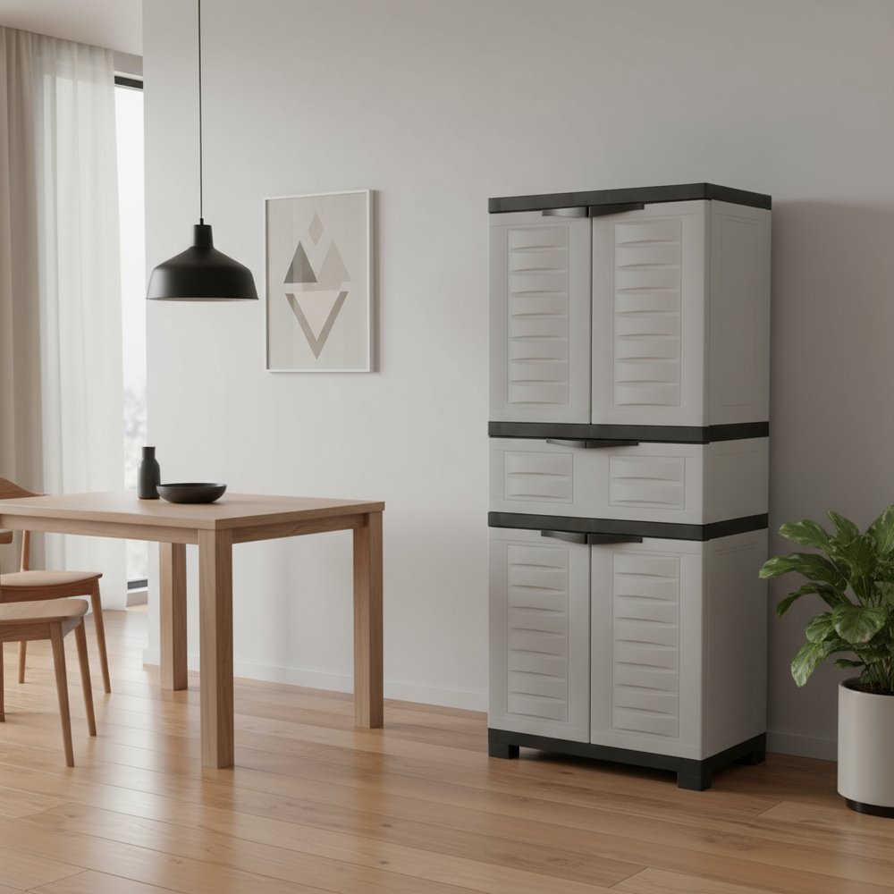 Black and Gray Plastic Accent Cabinet with Four Doors and One Drawer - 23-inch