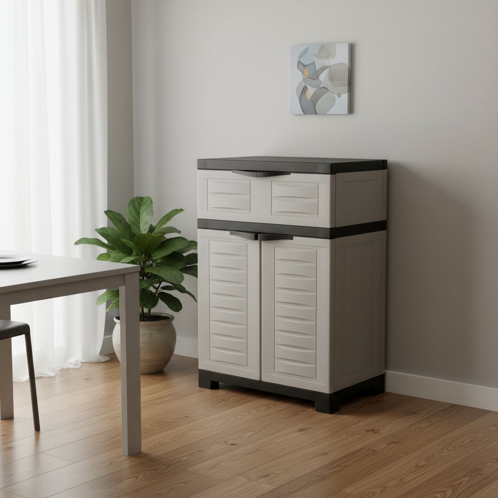 Gray Plastic Accent Cabinet with Two Doors and One Drawer - 24-inch