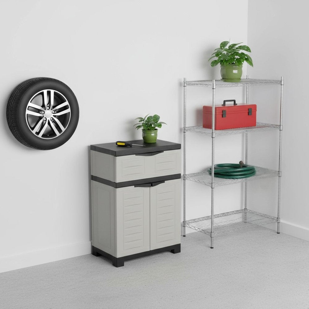 Gray Plastic Accent Cabinet with Two Doors and One Drawer - 24-inch