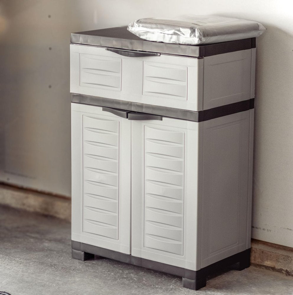 Gray Plastic Accent Cabinet with Two Doors and One Drawer - 24-inch