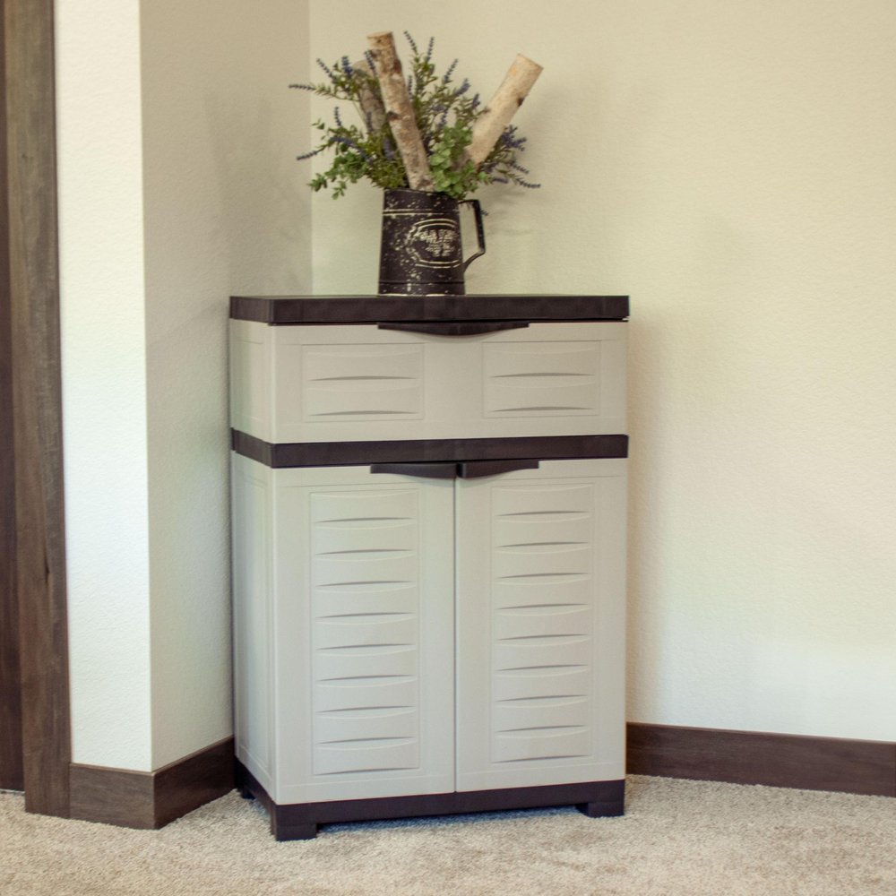 Gray Plastic Accent Cabinet with Two Doors and One Drawer - 24-inch