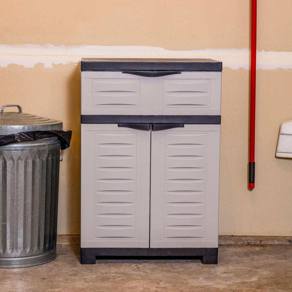 Gray Plastic Accent Cabinet with Two Doors and One Drawer - 24-inch