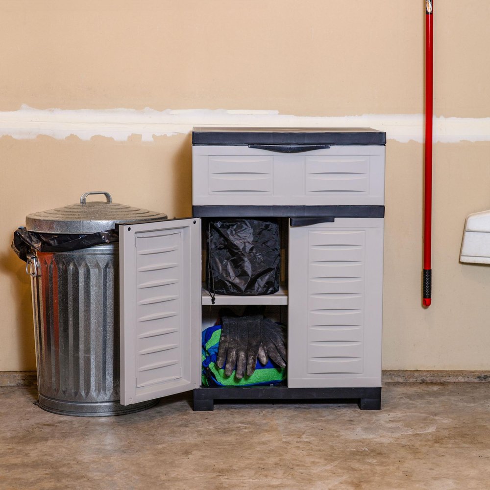 Gray Plastic Accent Cabinet with Two Doors and One Drawer - 24-inch
