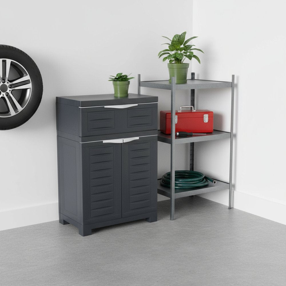 Charcoal Plastic Accent Cabinet with Two Doors and One Drawer - 24-inch