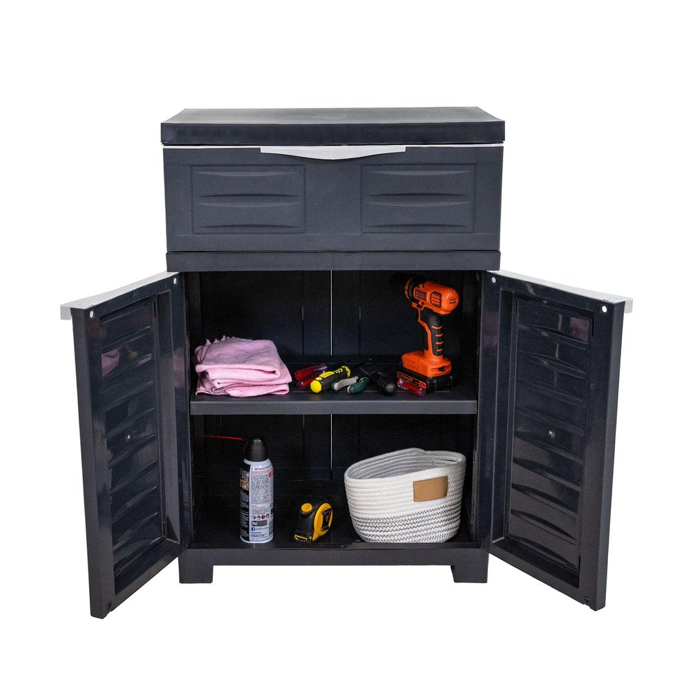 Charcoal Plastic Accent Cabinet with Two Doors and One Drawer - 24-inch