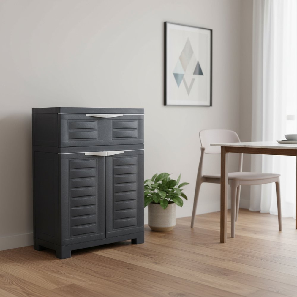 Charcoal Plastic Accent Cabinet with Two Doors and One Drawer - 24-inch