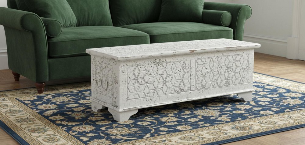 White Rustic Solid Wood Geometric Storage Ottoman - 52-inch