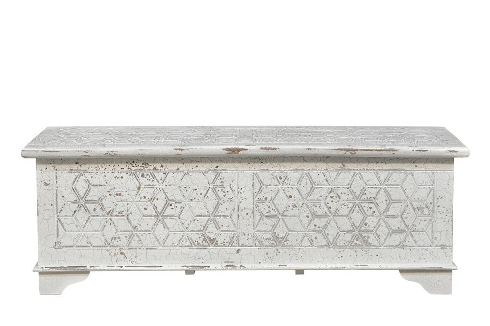 White Rustic Solid Wood Geometric Storage Ottoman - 52-inch