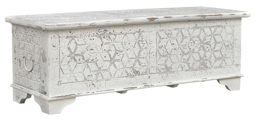 White Rustic Solid Wood Geometric Storage Ottoman - 52-inch