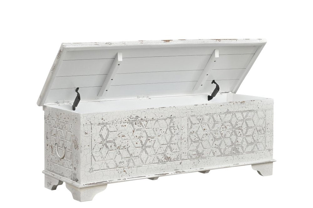 White Rustic Solid Wood Geometric Storage Ottoman - 52-inch