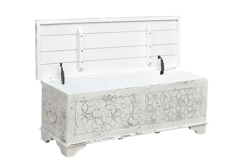 White Rustic Solid Wood Geometric Storage Ottoman - 52-inch