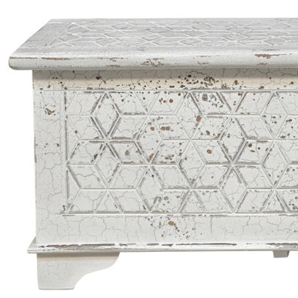 White Rustic Solid Wood Geometric Storage Ottoman - 52-inch