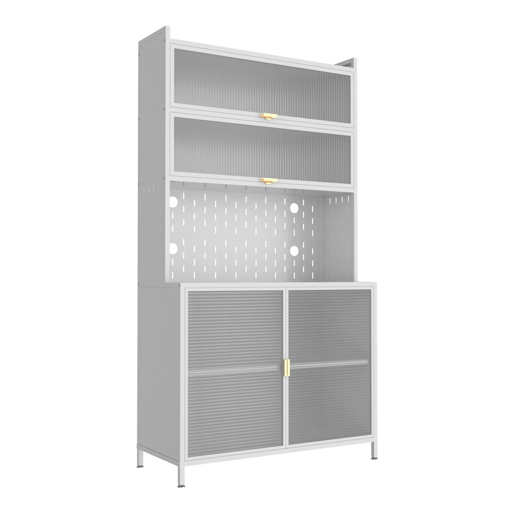 White Stainless Steel Textured Door Dining Hutch with Two Doors - 73-inch