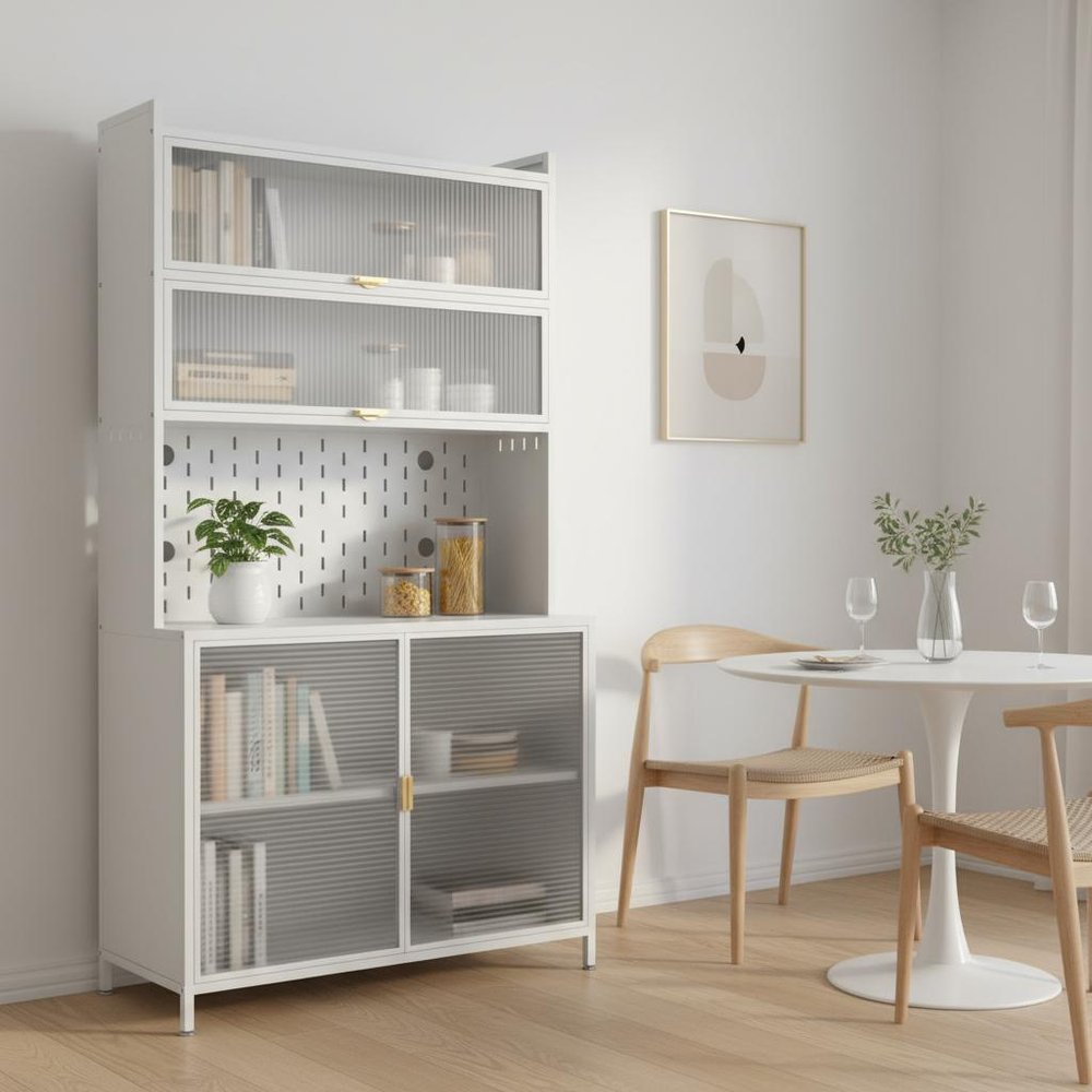 White Stainless Steel Textured Door Dining Hutch with Two Doors - 73-inch
