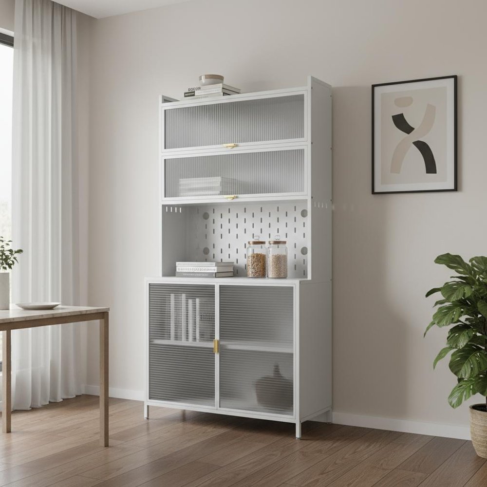 White Stainless Steel Textured Door Dining Hutch with Two Doors - 73-inch