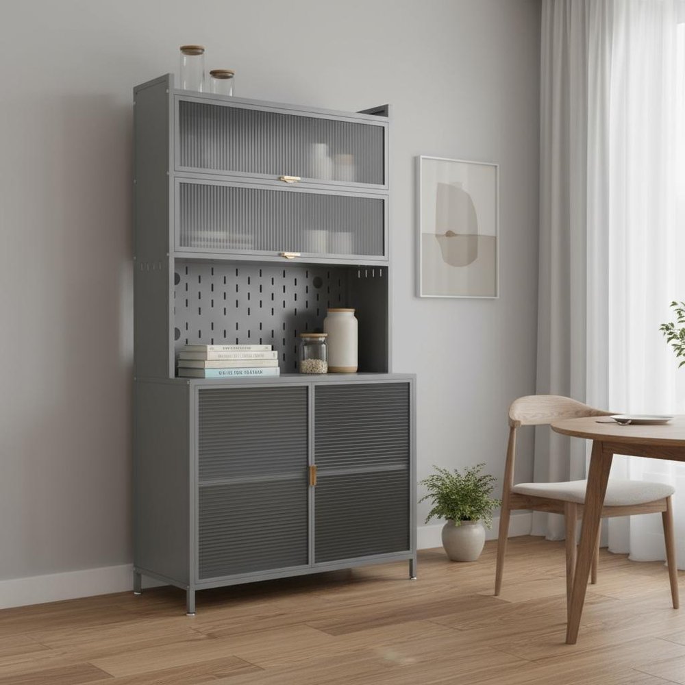 Gray Stainless Steel Textured Door Dining Hutch with Two Doors - 73-inch