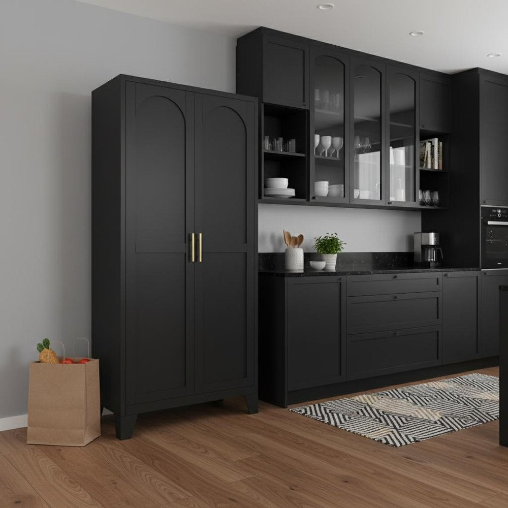 Black Stainless Steel Pantry or Storage Closet with Arched Panel Doors - 71-inch