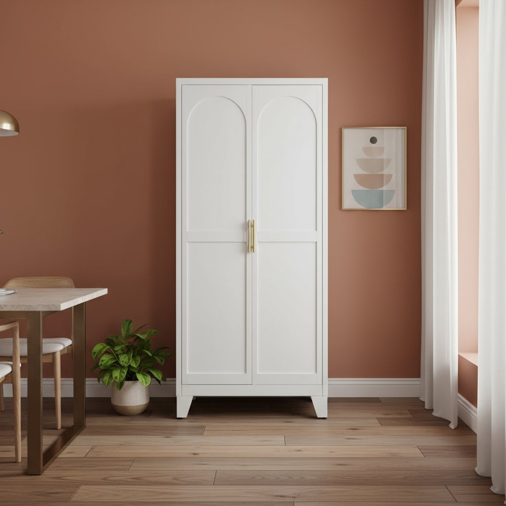White Steel Pantry or Storage Closet with Arched Panel Doors - 71-inch
