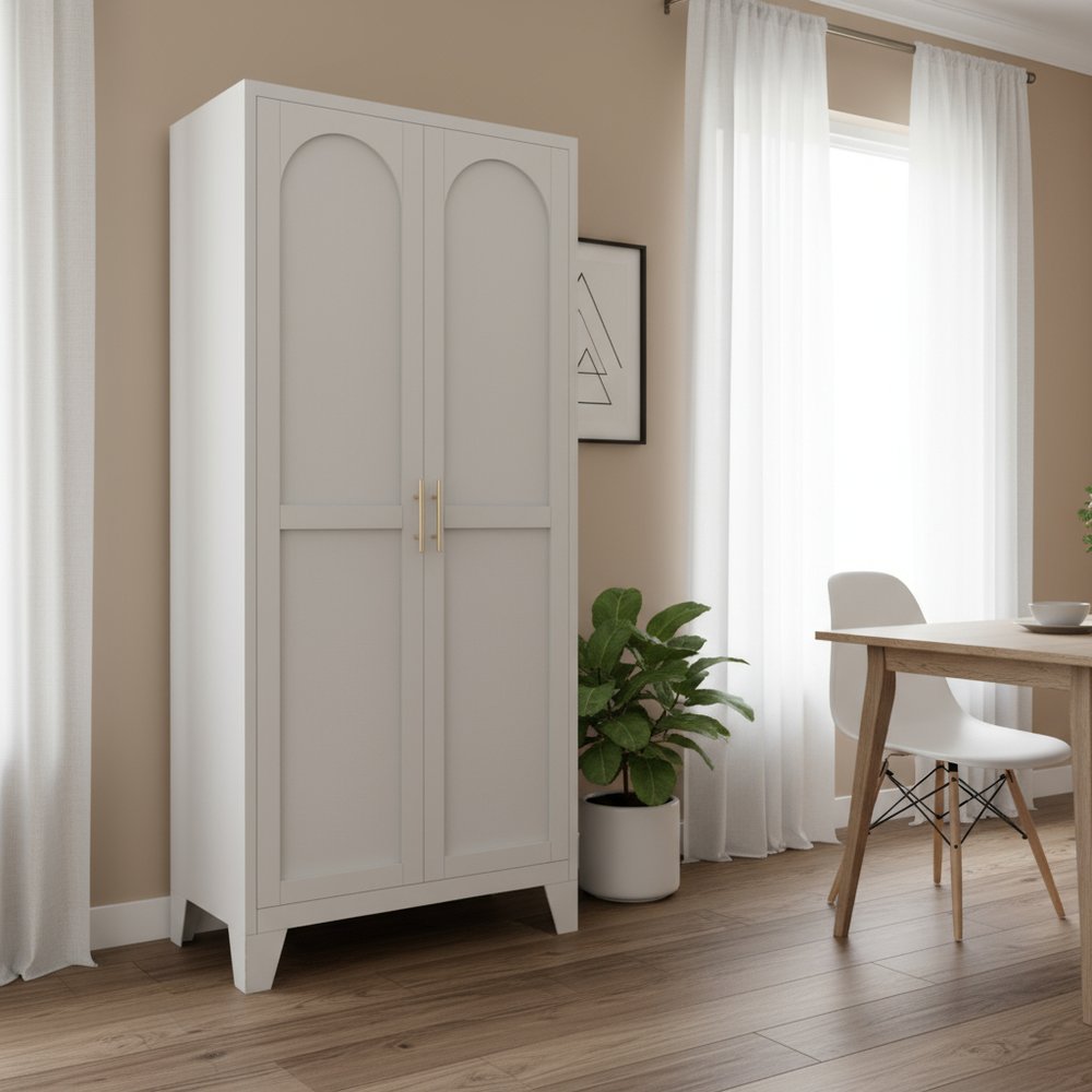 White Stainless Steel Pantry or Storage Closet with Arched Panel Doors - 61-inch