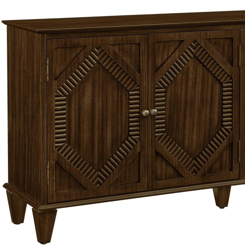Brown Wood Carved Geometric Accent Cabinet with Four Doors - 66-inch
