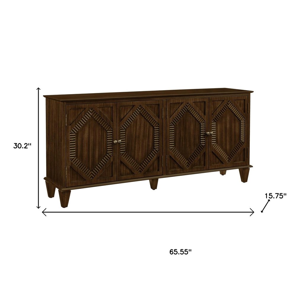 Brown Wood Carved Geometric Accent Cabinet with Four Doors - 66-inch