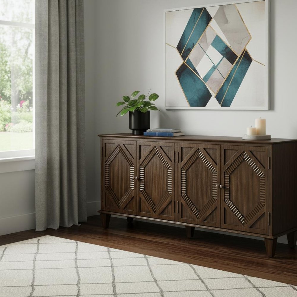 Brown Wood Carved Geometric Accent Cabinet with Four Doors - 66-inch
