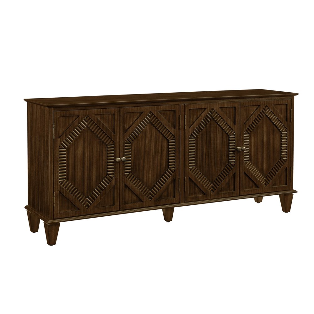 Brown Wood Carved Geometric Accent Cabinet with Four Doors - 66-inch