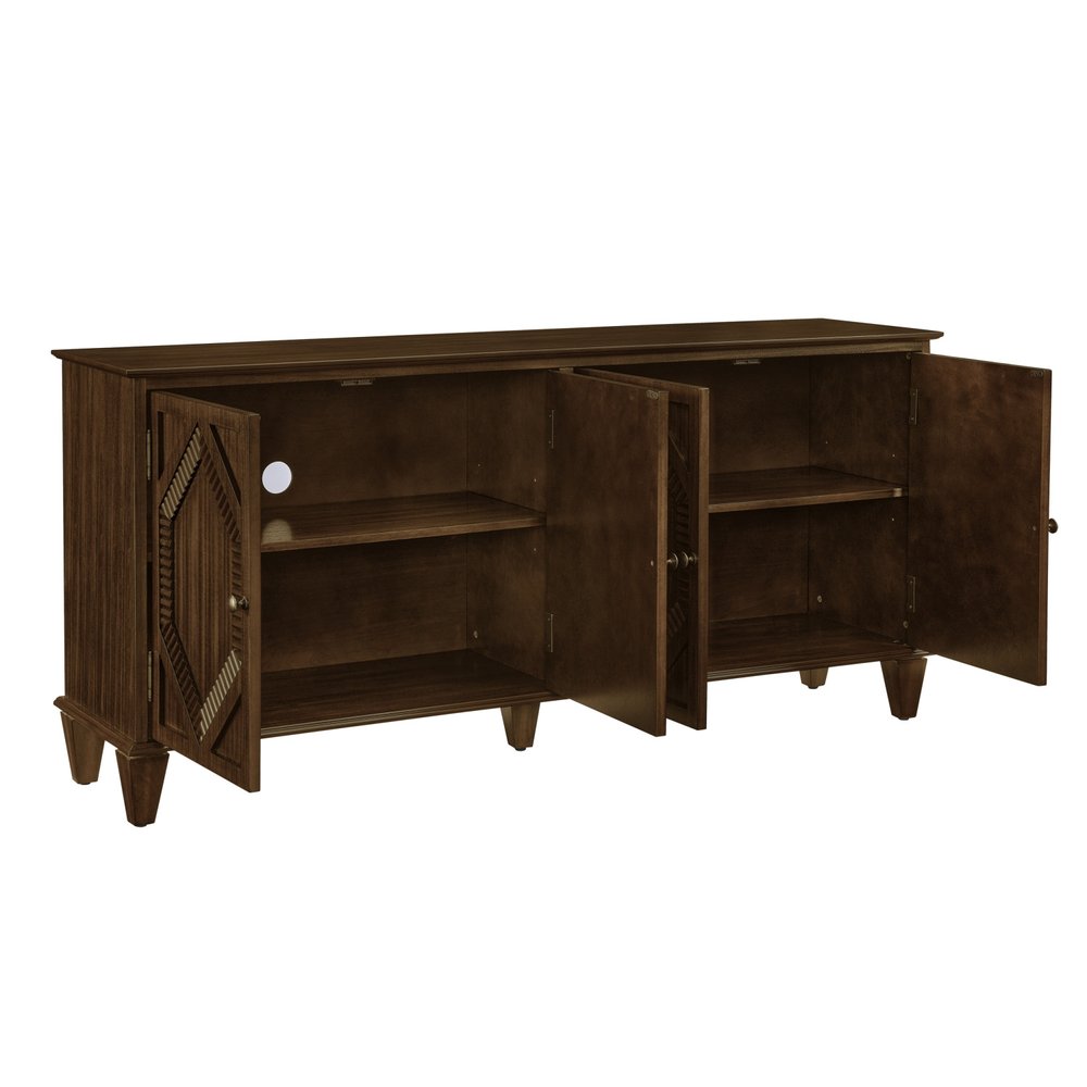 Brown Wood Carved Geometric Accent Cabinet with Four Doors - 66-inch