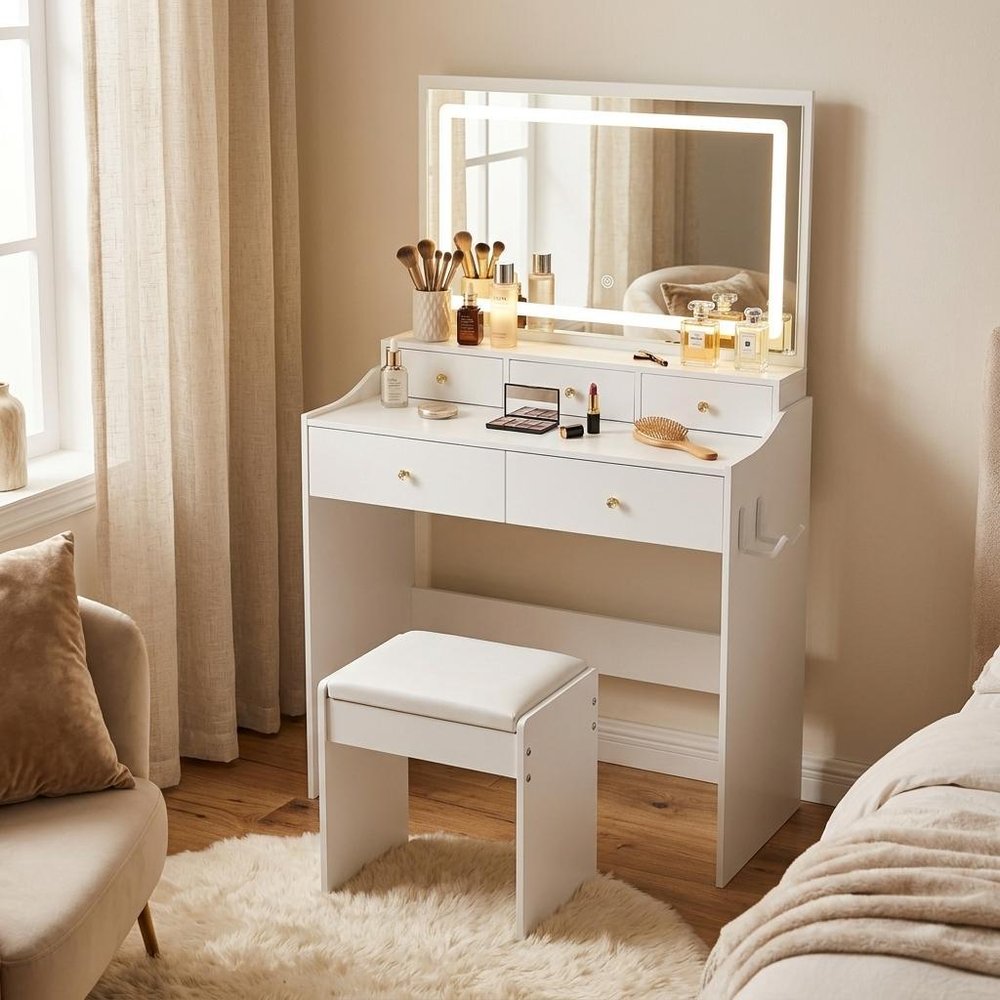 White Wood Mirrored Five Drawer Vanity Table and Lights - 32-inch