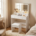 White Wood Mirrored Five Drawer Vanity Table and Lights - 32-inch