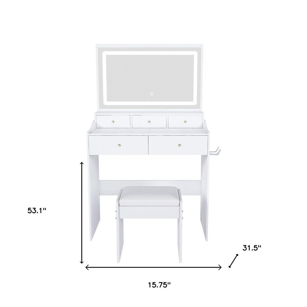 White Wood Mirrored Five Drawer Vanity Table and Lights - 32-inch